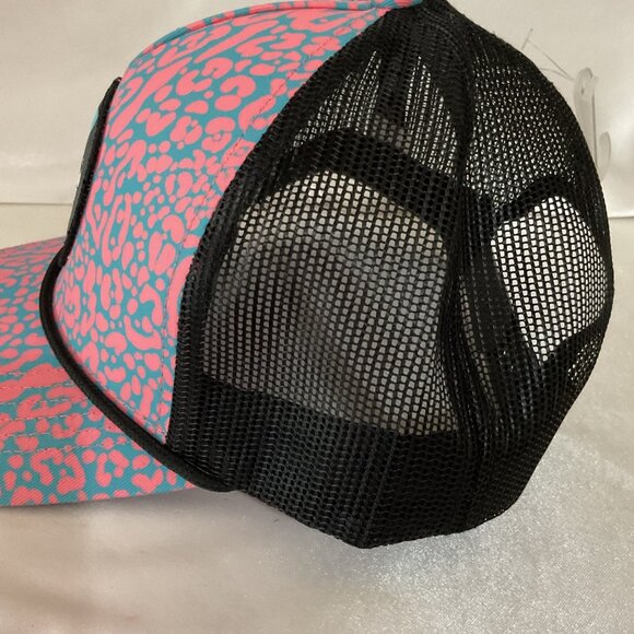 Buc-Ees Pink & Blue Leopard Print Trucker Hat With Beaver Patch - Picture 2 of 5